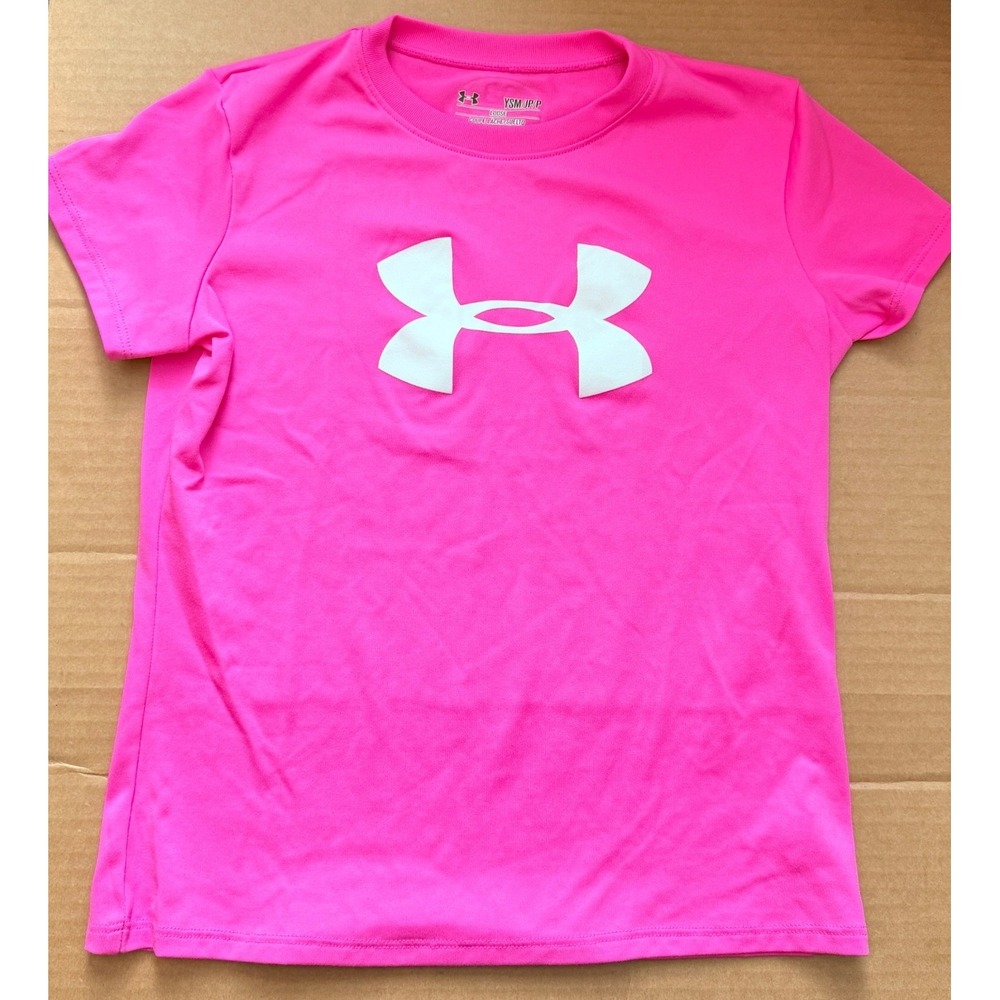 Under Armour T-Shirt Girls Youth S Barbie Pink Logo HeatGear Sporty Active Tee